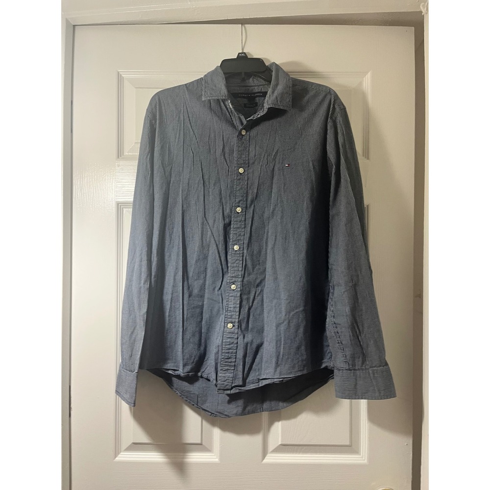 Tommy Hilfiger Mens Custom Fit Micro Check Button‎ Down Shirt Blue White Large